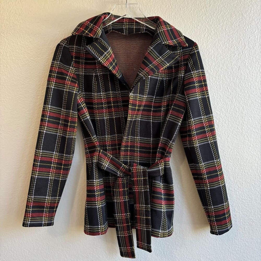 Handmade vintage 70s plaid blazer Small belted black red Punk Pistols British